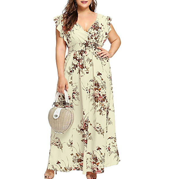 Women Plus Size Summer V Neck Floral Print Boho Sleeveless Party Maxi Dress